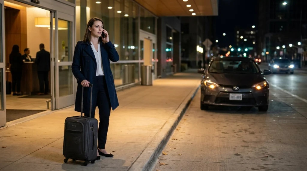 Solo female traveler contacting a trusted person outside a well-lit public building after a rideshare incident.