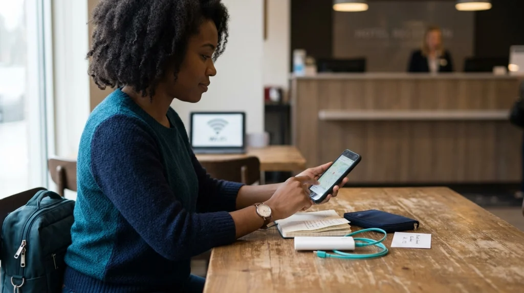 Solo female traveler using offline maps and backup power after losing mobile service abroad.
