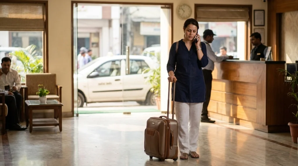 Solo woman contacting taxi support from a hotel lobby after questioning a ride.