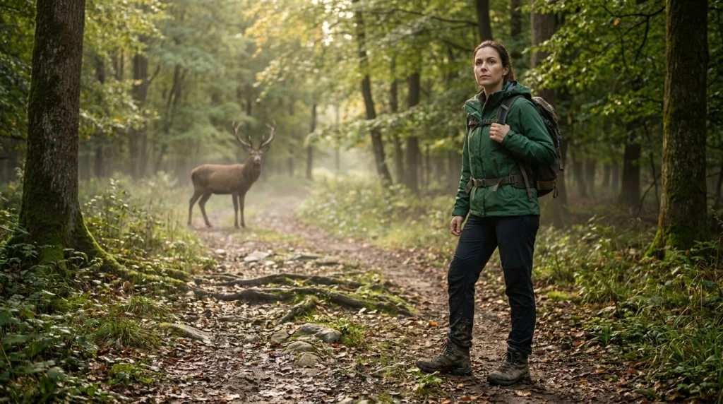 Woman hiking alone stops at a safe distance from a deer blocking a woodland trail.