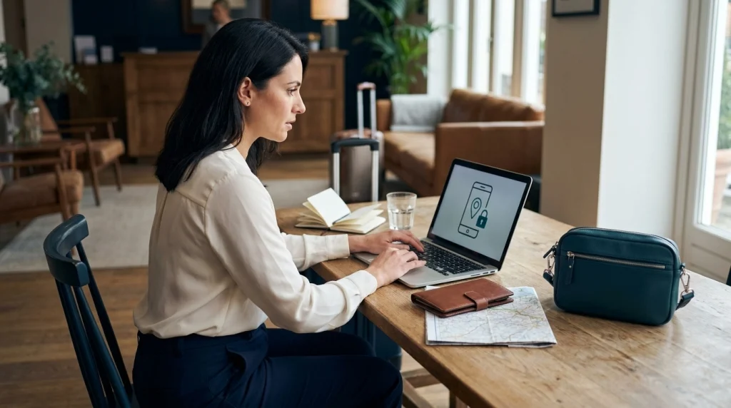 Female solo traveler using a hotel laptop to lock a lost phone and protect her travel accounts.
