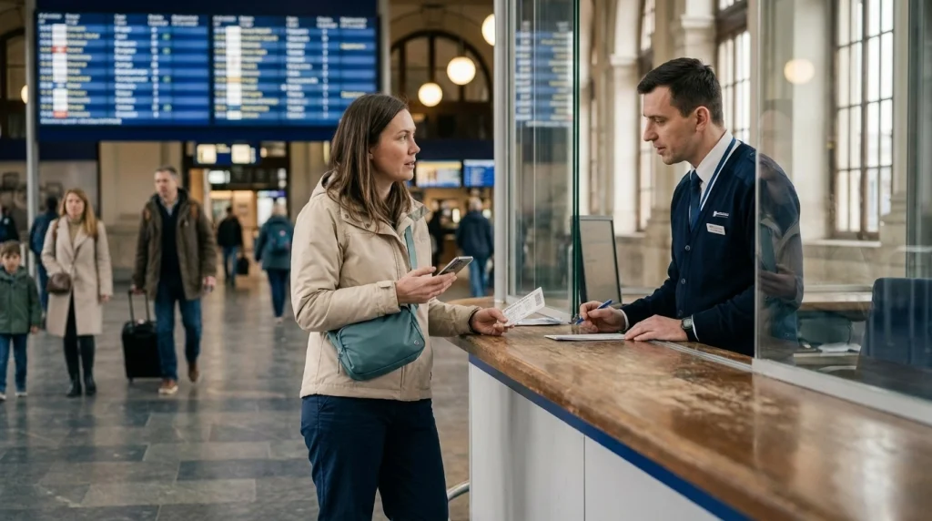 Woman reporting missing luggage to railway station staff while keeping her personal bag secure.