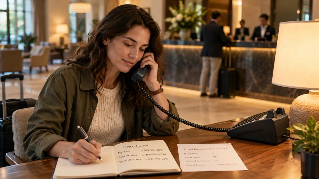 Woman seated in a hotel lobby calling emergency contacts using a written backup sheet.