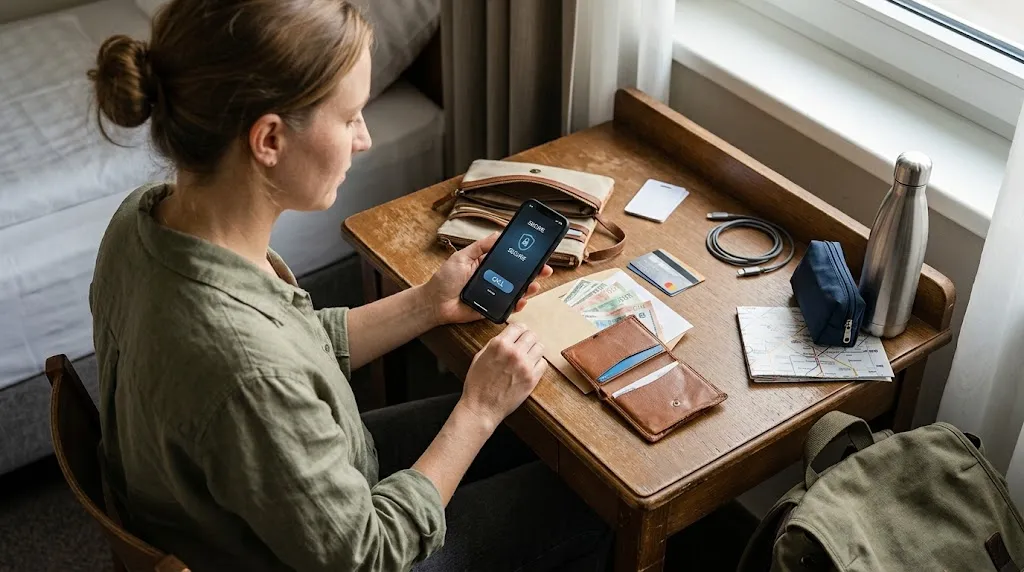 Solo woman using a backup card and emergency cash after losing her wallet while traveling