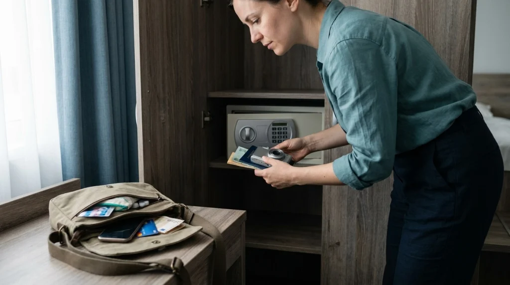 Female traveler organizing passport, backup card, emergency cash, and daily bag beside a hotel safe.