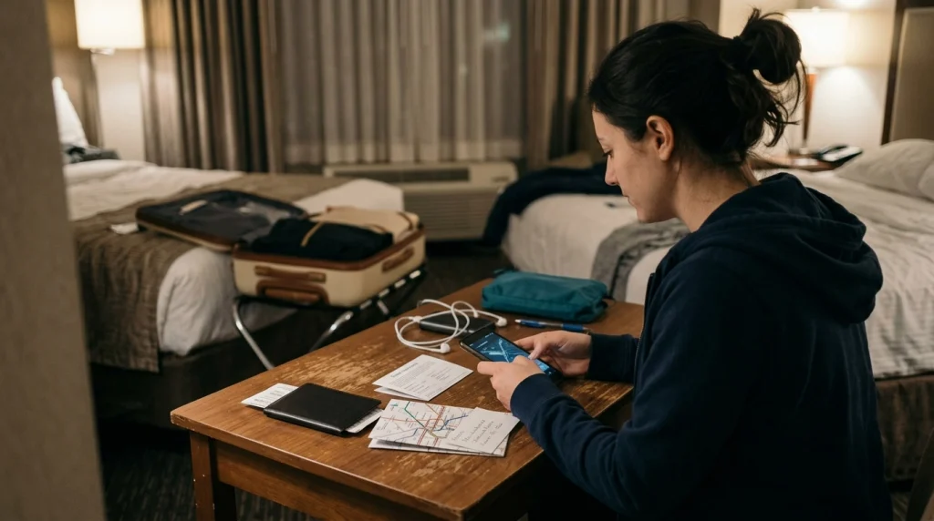 Solo female traveler preparing essential offline information on a backup phone in a hotel room