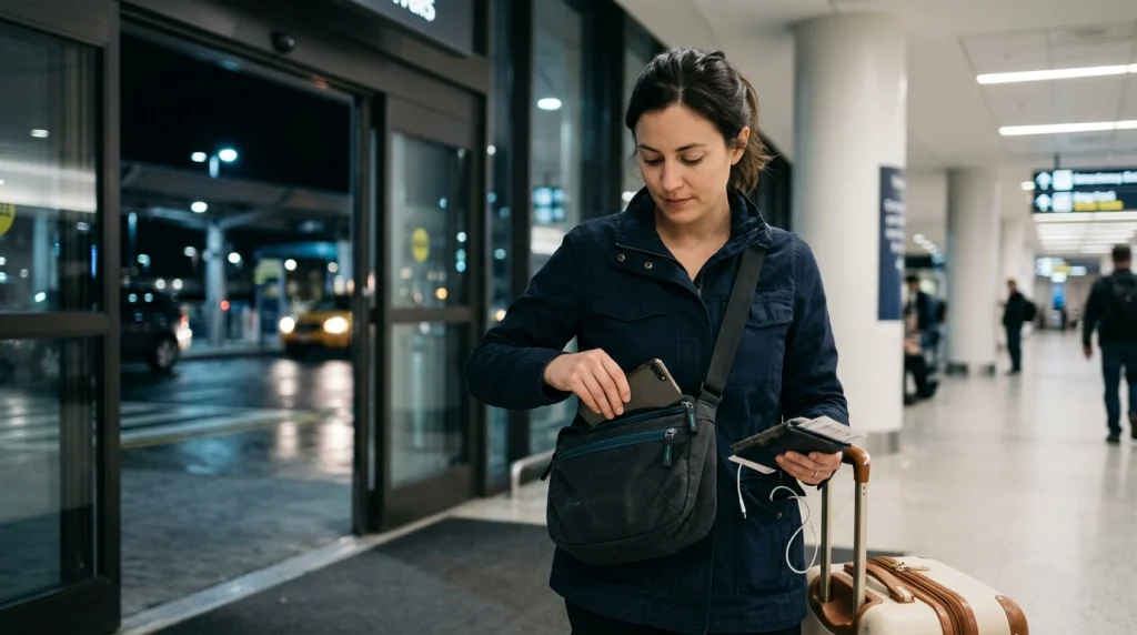 Solo female traveler using a backup phone after a late international airport arrival