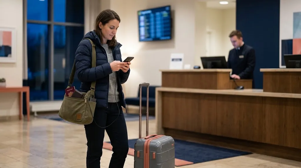 Solo woman traveler regrouping in a staffed hotel lobby after an unexpected travel problem