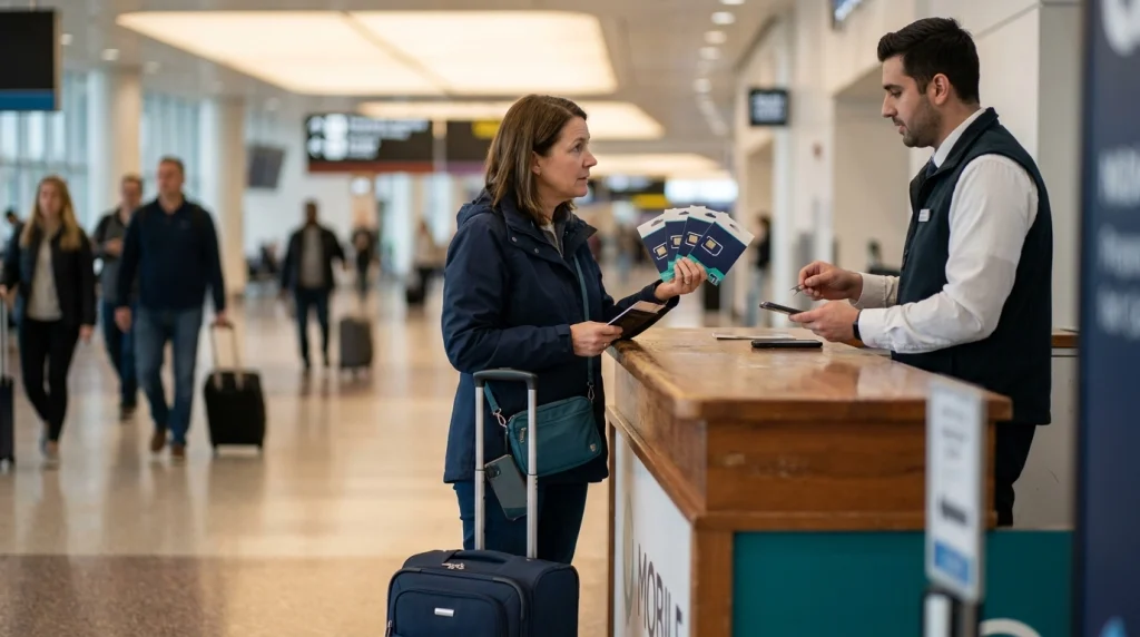 Solo female traveler buying and activating a local SIM at an official airport carrier desk.
