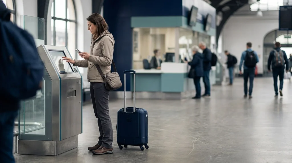 Solo female traveler using a railway ticket machine with a smartphone and carry-on suitcase.