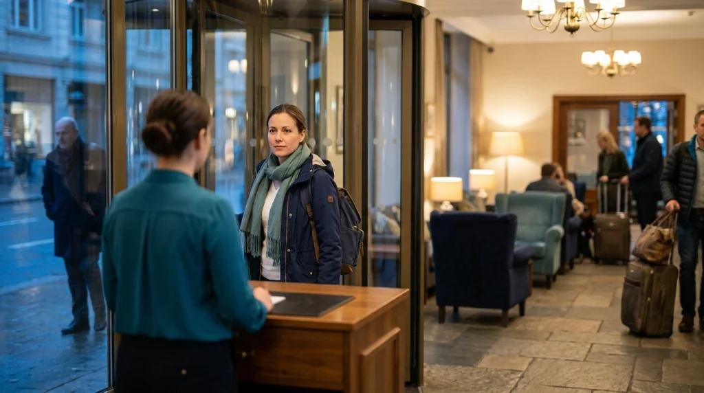 Solo female traveler entering a staffed hotel lobby after suspecting someone is following her