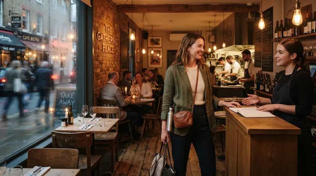 Solo female traveler arriving at a small restaurant she reserved in advance