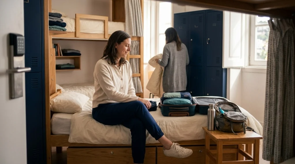 First-time solo female traveler unpacking in a women-only hostel dorm with bunk beds, lockers, and luggage.
