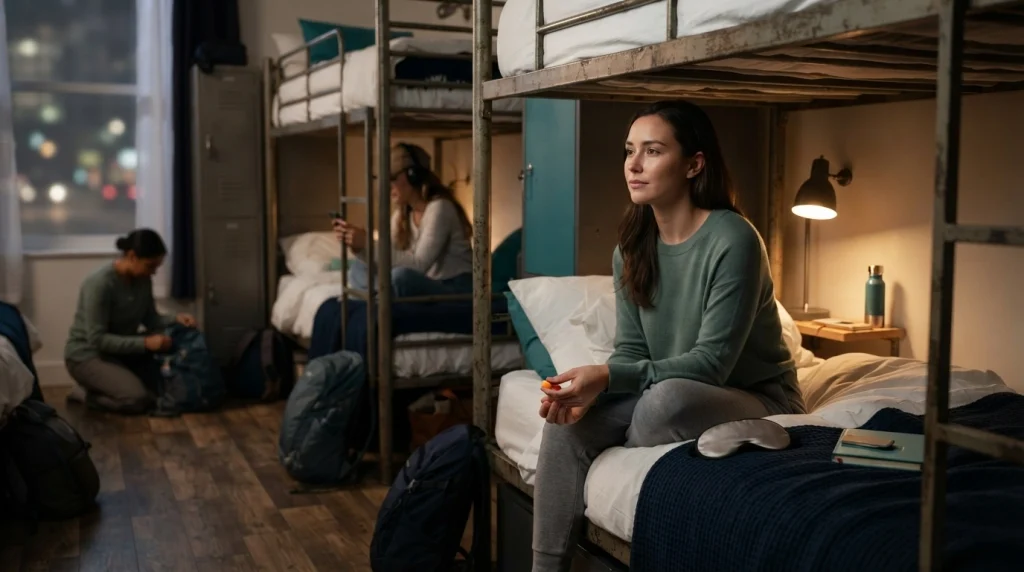 Solo female traveler in a shared hostel dormitory with late-night activity in the background.