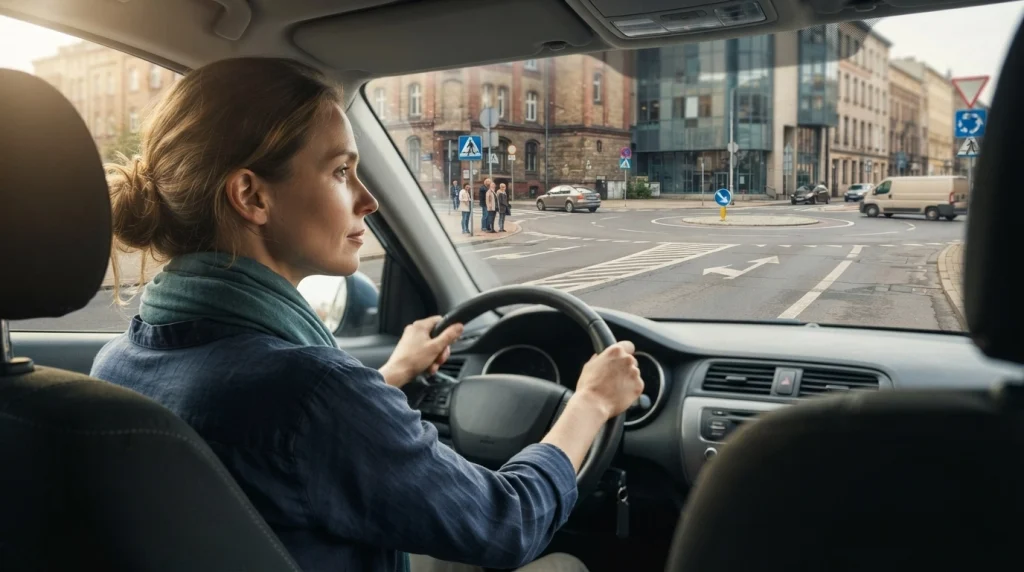 Solo female traveler observing an unfamiliar intersection and pedestrian crossing from a rental car.