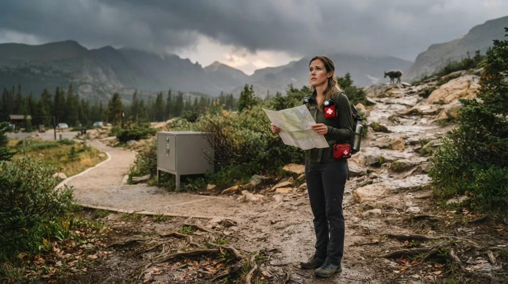 Solo woman assessing changing weather and wildlife conditions before continuing a national park hike.
