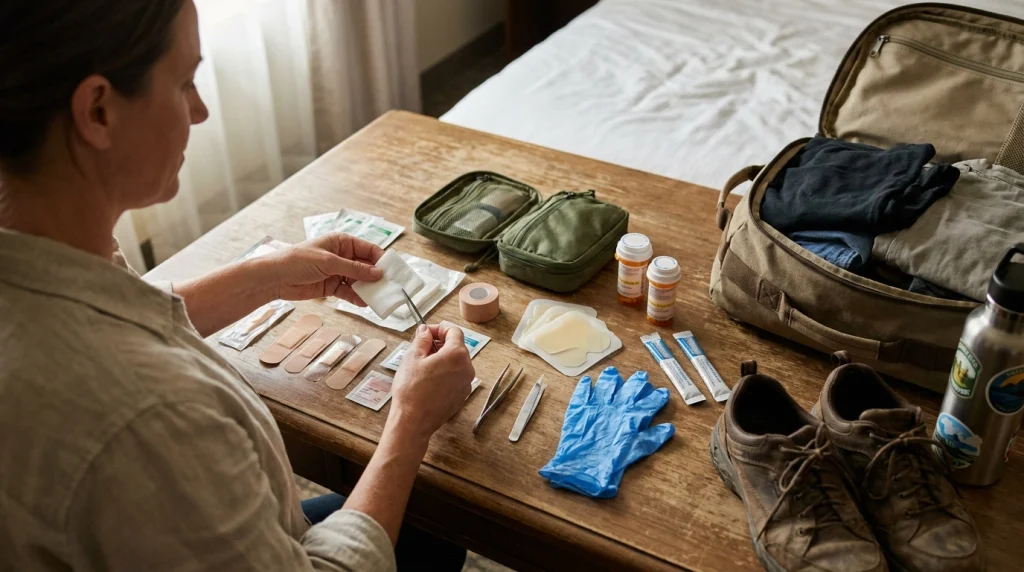 Solo female traveler organizing bandages, gauze, blister care and medicines in a compact first aid kit