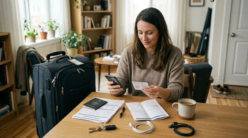 Woman completing a pre-trip embassy checklist before leaving for international solo travel.